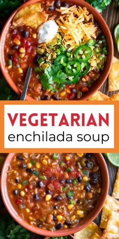 two bowls filled with vegetarian enchilada soup and topped with tortilla chips