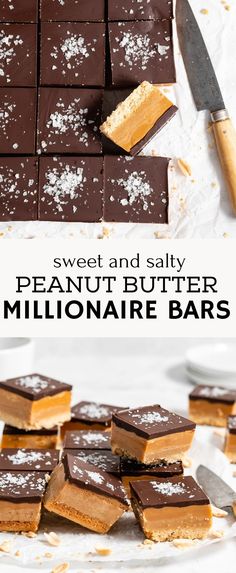 chocolate peanut butter millionaire bars are stacked on top of each other with the words sweet and salty