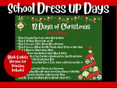 the back to school dress up days list is shown in red, green and white