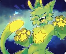 a green creature with yellow paws and stars on it's chest, standing in the air