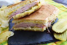 a sandwich cut in half sitting on top of a blue plate next to some chips