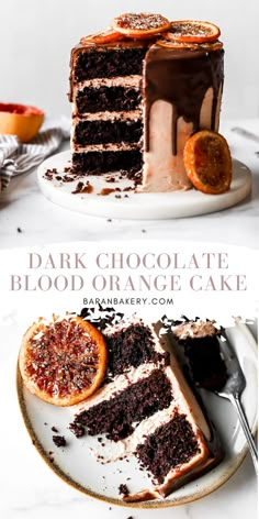 two slices of chocolate cake with blood oranges on the side and one slice missing