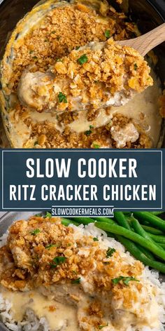 Ritz cracker chicken on a wooden spoon over a slow cooker. Chicken Casserole With Ritz Crackers, Casserole With Ritz Crackers, Slow Cooker Chicken Casserole, Ritz Cracker Chicken, Cracker Chicken, Ritz Cracker, Easy Crockpot Dinners, Tasty Chicken