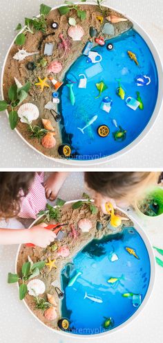 two pictures of a child playing with sand and sea animals in a bowl filled with water