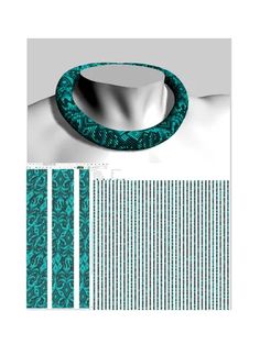 an image of a green necklace and two strips of paper with the same pattern on it