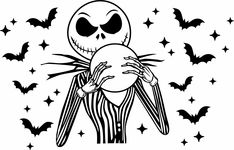 a black and white drawing of a jack skellingy holding a pumpkin with stars around it