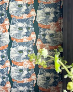 a cat curtain with an orange and blue tie around it's neck is next to a potted plant