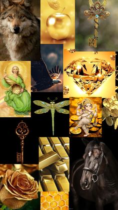 a collage of images with gold and silver