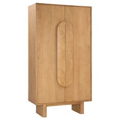 a wooden cabinet with two doors on one side and an oval handle on the other