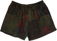 As dreamy as the night, these dark green shorts are a perfect match for you! With its comfortable cotton fabric, the patchwork shorts are fully lined with voile.  The summer shorts feature a pocket on either side. #tlb #beachwrap #bohemianfashion #Handmade #HippieShorts #BeachShorts Bohemian Green Short Bottoms, Summer Green Shorts With Patchwork, Green Bohemian Cotton Shorts, Green Cotton Festival Shorts, Hippie Shorts Outfit, Hippie Shorts, Grunge Shorts, Night Festival, Beach Bohemian