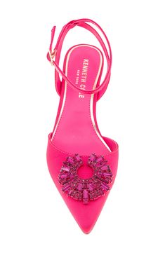 A jewel-encrusted starburst ornament enriches the vamp of a luxe satin pump framed by a pointy toe and tapered heel. 2 1/2" heel Cushioned footbed Textile upper/synthetic lining/rubber sole Imported Pink Evening Shoes, Hot Pink Shoes, Pink Wedding Shoes, Jewel Encrusted, Pink Pumps, Satin Pumps, Evening Shoes, Pink Shoes, Pink Polka Dots