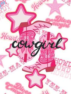 a pink cowboy boot with stars and the word cooggirl written in black ink