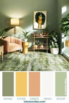 a living room with green walls and furniture in shades of yellow, orange, and pink