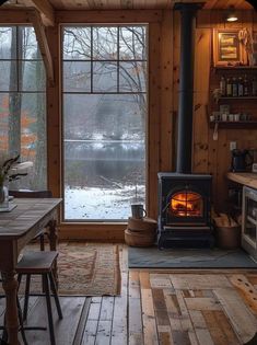 a wood burning stove sitting inside of a kitchen