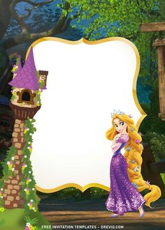 a princess with long blonde hair standing in front of a sign