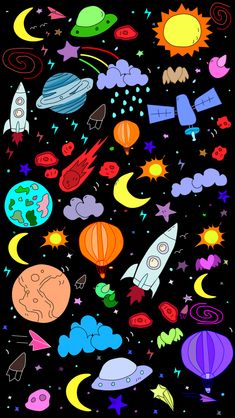 an image of the outer planets with stars and rockets in them on a black background