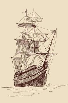 an old sailing ship in the sea with sails and masts, drawn by hand