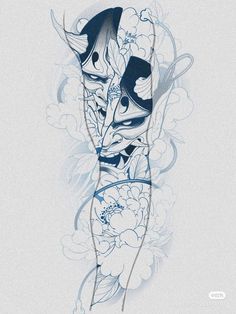 an artistic tattoo design with blue and white flowers on the back of a woman's arm