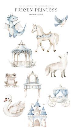 an illustrated book with watercolor illustrations of princess's carriages, horses and swans