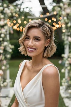 Discover the elegance of a sleek bob, the perfect short hairstyle women love for a romantic wedding day. This timeless look pairs beautifully with delicate veils and sparkling accessories, giving you a charming and polished appearance. Whether you're the bride or a guest, this versatile hairstyle enhances facial features and exudes confidence. Embrace the beauty of simplicity and make a statement on your special day! Short Length Wedding Hairstyles, Short Hair Wedding Styles Veil, Bride Hairstyles Short, Elopement Hairstyles Short Hair, Short 1920s Hairstyles, Flower In Short Hair, Shoulder Length Hairstyle Wedding, Short Hair Wedding Hairstyles The Bride, Bridesmaid Hair Down Shoulder Length