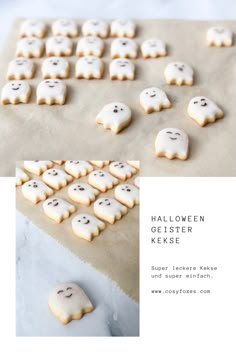 halloween cookies with ghost faces and eyes on parchment paper