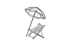 a chair and an umbrella are shown in this hand - drawn outline style illustration on a white background