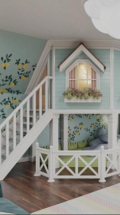 there is a doll house with stairs to the second floor and flowers on the wall