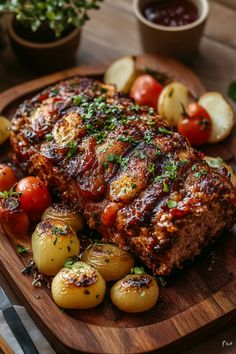 Meatloaf garnished with herbs, surrounded by roasted cherry tomatoes and onions on a wooden serving board. Meatloaf Dinner Ideas, Meatloaf With Oatmeal, Savory Meatloaf, Comforting Meals, Bacon Wrapped Meatloaf, Chicken Meatloaf, Meatloaf Dinner, Slow Cooker Meatloaf