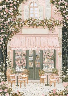 a painting of a cafe with pink flowers on the outside and green doors to it