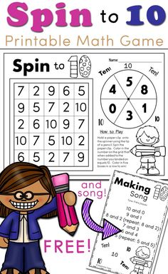 spin to 10 printable math game for kids with numbers and words on it, including the