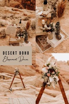 desert boho wedding decor with flowers and candles