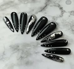 Black Nails Silver Foil, Simple Witchy Nails Coffin, Goth Engagement Nails, Occult Nail Art, Viking Nails Designs, Greek Mythology Nails, Pagan Nails, Gothic Nail Art Dark, Witch Nails Designs