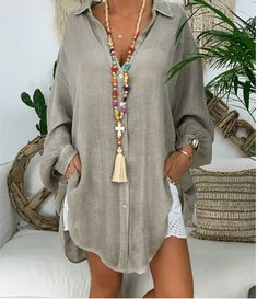 Looking for a stylish and comfortable oversized shirt to wear on your next beach adventure? Look no further than the Peace Plus Size Oversized Shirt. This top is made from a light and sheer fabric, making it the perfect choice to wear over your bikini or cami. Pair it with loose shorts or linen pants for the ultimate boho look. Specifications Material: Cotton & Polyester Collar: Turn-down Collar Sleeve Length: Full Style: Casual Fabric Type: Broadcloth Pattern: Solid Size Chart In Inches Size Bu Tunik Linen, Linen Tunic Shirt, Beach White Dress, Casual Work Dresses, Mode Tips, Linen Top Women, Womens Beach Fashion, Linen Shirts Women, Fall Blouse