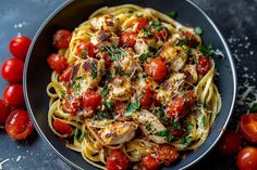 pasta with chicken, tomatoes and parmesan cheese in a black bowl surrounded by cherry tomatoes