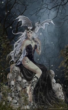 a woman sitting on top of a pile of skulls in front of a full moon