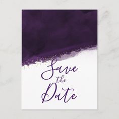 purple and white save the date card with gold glitters on it's edges