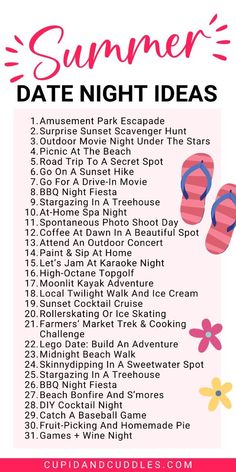 the ultimate summer date night ideas list is shown in pink and white with flowers on it