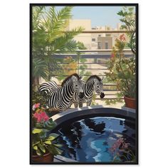 two zebras are standing in front of a pond and some plants on the other side