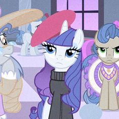 three ponies are standing in front of a table with plates on it and one is wearing a pink hat