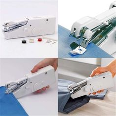 four pictures showing how to use a sewing machine