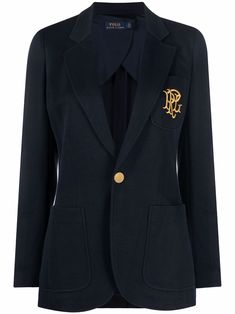 Navy blue cotton blend embroidered-monogram double-knit blazer from POLO RALPH LAUREN featuring warp knit, dart detailing, embroidered logo at the chest, gold-tone hardware, front button fastening, notched lapels, chest patch pocket, two side patch pockets, buttoned-cuff sleeves, partial lining and central rear vent. Slim Fit Blazer, Ralph Lauren Slim Fit, Blazer Blue, Embroidered Monogram, Blazer Designs, Ralph Lauren Women, Knit Blazer, Ralph Lauren Outfits