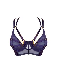 A soft, sheer mesh underwired bodice bra adorned with front harness strap details that extend over the cups. Fully adjustable at the back, this bra is eye-catching from every angle. Available exclusively on our website. Details: Bordelle Exclusive; a style you can’t find anywhere else Soft mesh, signature satin and wide band elastic strapping in Deep Purple Wired for support 24k gold plated hardware Overbust harness strap detailing Fully adjustable throughout 24k gold plated branded zip and ring Petite Pajamas, Bordelle Lingerie, Ring Hook, Purple Bras, Lace Accessories, Spoiled Rotten, Feeling Pretty, Bra Models, Bra Style