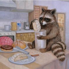 a painting of a raccoon sitting at a table with food