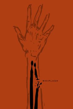 an orange poster with two hands reaching out to touch each other, and the words whiplash written on it