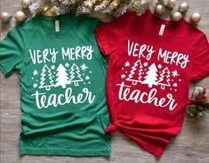 Very Merry Teacher Shirt, Very Merry Teacher Christmas T-Shirt, School Teacher Team Shirt, Pre-K Teacher Shirt, Favorite Teacher Shirt Very Merry Christmas to your Very Merry Teacher! Celebrate your school teacher with this festive t-shirt as a fun gift. You have the option of getting the shirt in any color on our color selection list. Review All pictures to find the color selection list. Special shirt for a special teacher in your life. All Shirts are Bella Canvas  100% airlume combed and ringspun cotton. They have a retail fit, unisex sizing, should taping, side-seamed. tear away labels and are pre-shrunk.    How to Order 1. Choose your size 2. Select your primary shirt color 3.Add a note to seller when checking out with any special requests When Will I get my Order?  -Standard Processin Teacher Christmas Shirts, Pre K Teacher, Elf Shirt, Teacher Team, Favorite Teacher, Merry Christmas To You, Team Shirt, Teacher Christmas Gifts, Teacher Christmas