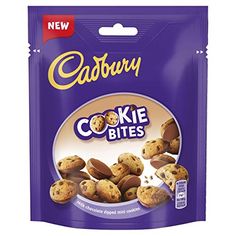 cadbury cookie bites with almonds in purple bag on white background, front view