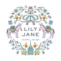 the logo for lily jane is shown with two horses and an ornate wreath in the center