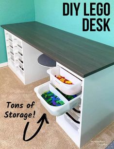 the diy lego desk has two storage bins under it