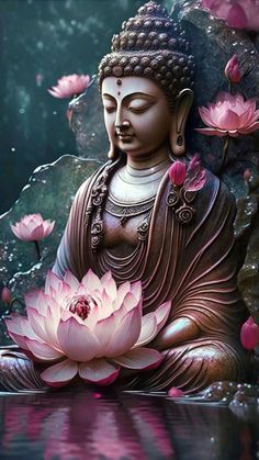 a buddha statue sitting on top of a body of water with pink flowers around it