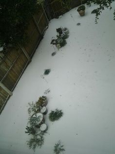 an overhead view of snow covered yard with potted plants